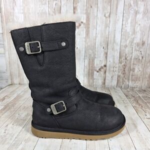 UGG Australia Black Leather Moto‎ Buckle Shearling Boots Women's